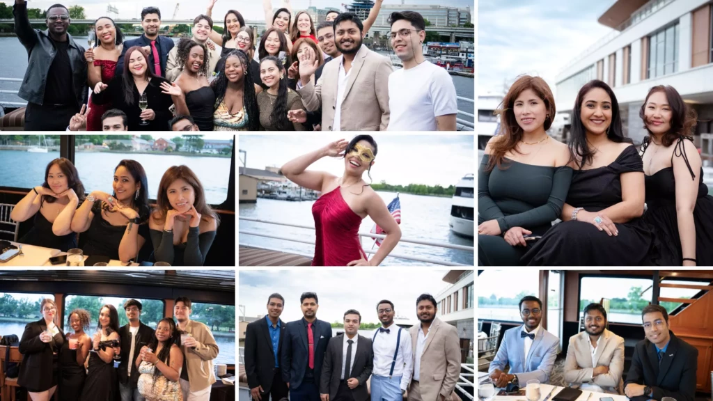 Group of people enjoying a boat party, dressed elegantly and celebrating with smiles and drinks by the waterfront.