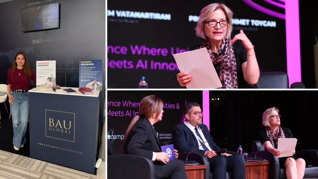 BAU Global conference on AI and education, featuring speakers and program displays.