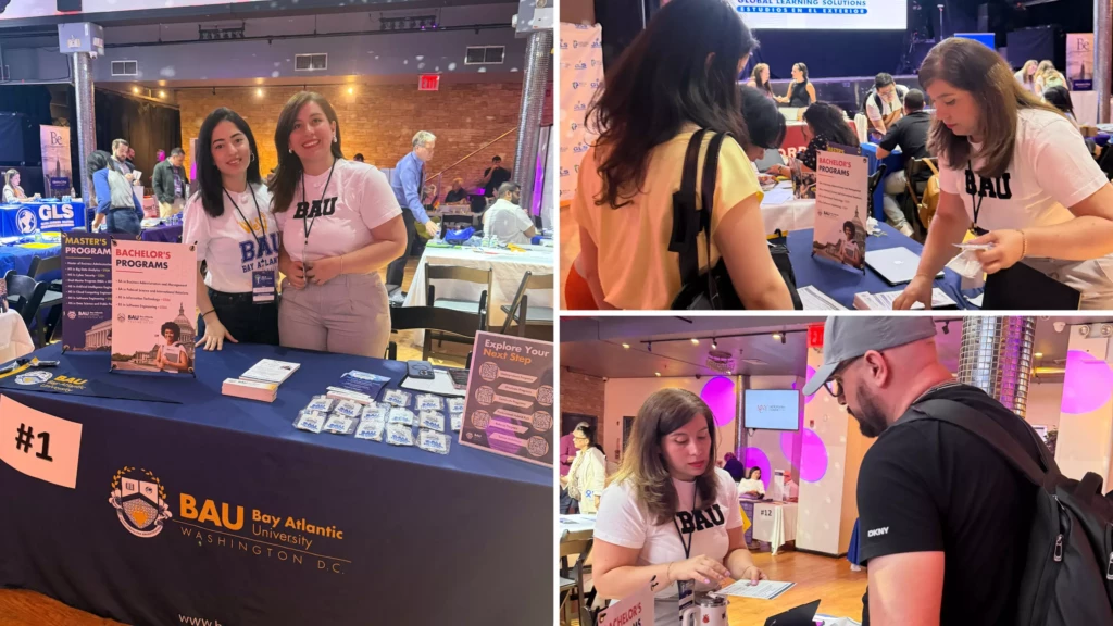 Students engage with Bay Atlantic University booth at an educational fair, exploring bachelor's and master's programs.