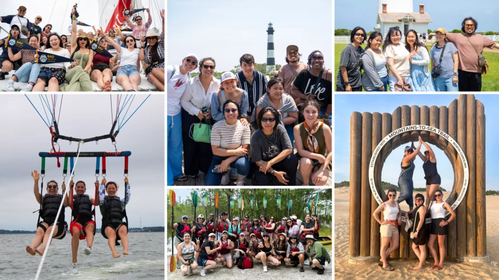 Group enjoying outdoor activities: sailing, parasailing, kayaking, and sightseeing near lighthouses and trails.