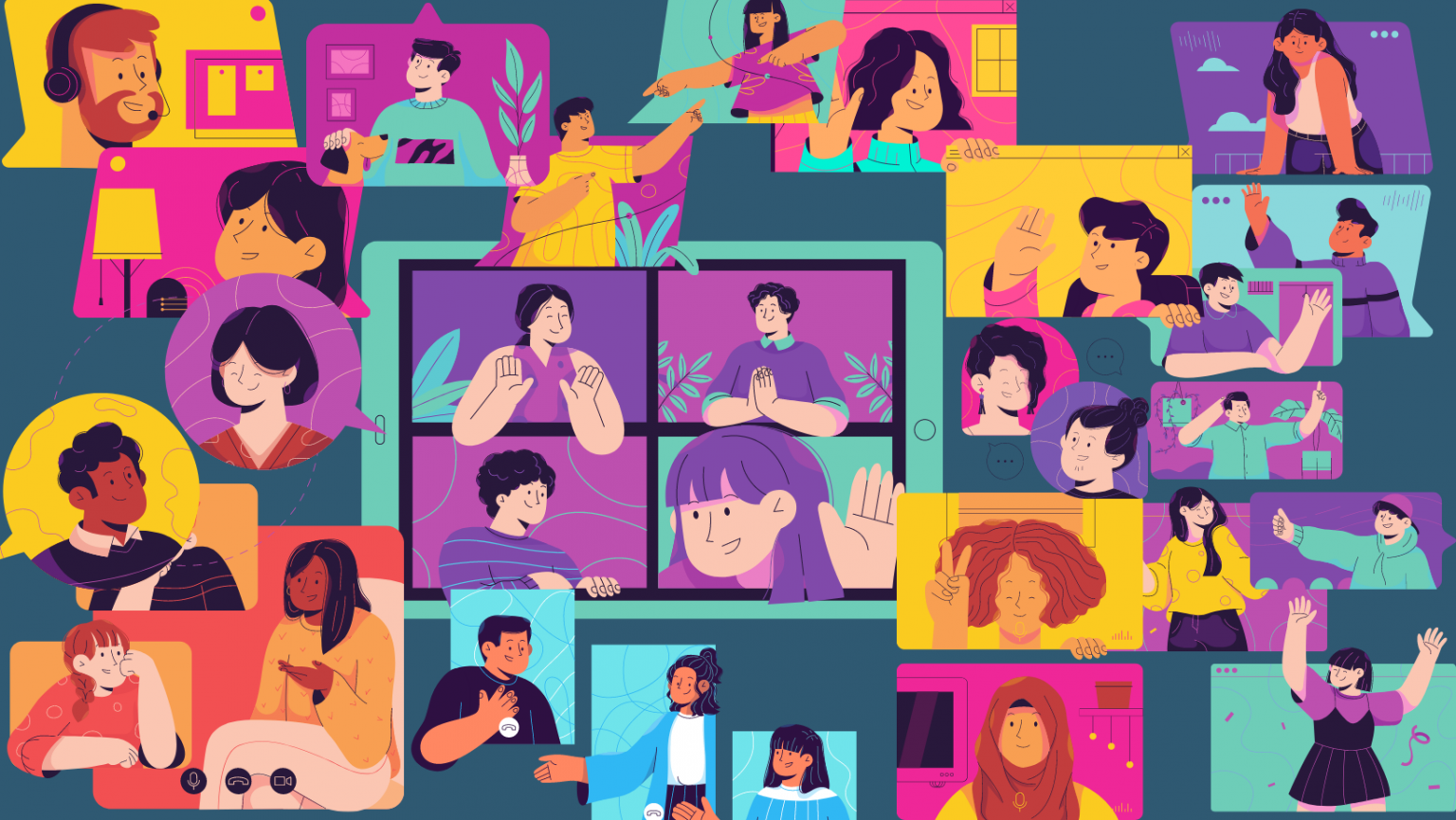 Colorful illustration of diverse people in virtual video call windows, waving and interacting in a digital conference.