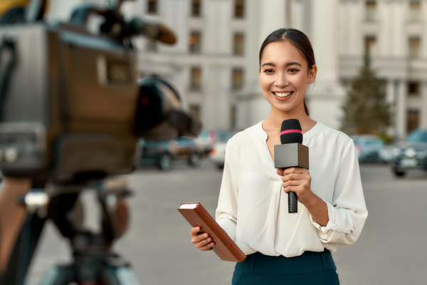 Female political journalist reporting live in front of a government building, representing media careers for political science graduates.