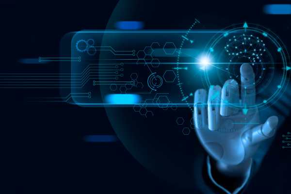 Futuristic digital interface with robotic hand interacting with virtual data — machine learning and AI technology visualization.