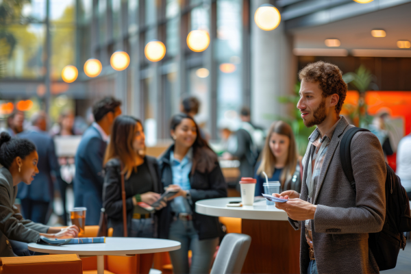 University students networking and attending a career fair to build personal brands and professional connections.