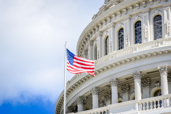 U.S. Capitol dome with American flag waving, symbolizing government and democracy in Washington D.C.