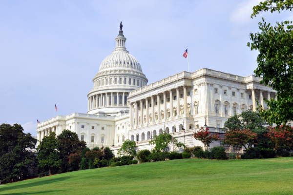 United States Capitol Building with green lawn and clear sky, Washington D.C.