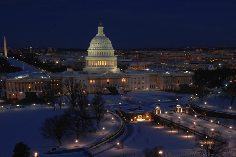 Scenic nighttime view of Washington, D.C., highlighting the U.S. Capitol and surrounding landmarks—capturing the city’s inspiring atmosphere for students seeking the best study spots in Washington, D.C.