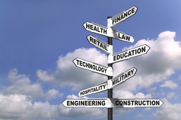 Signpost with career directions: finance, health, law, retail, education, technology, military, engineering, construction.