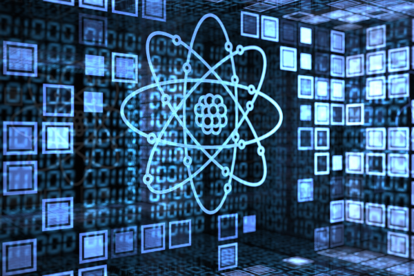 Stylized atomic symbol over digital binary code background, representing quantum computing