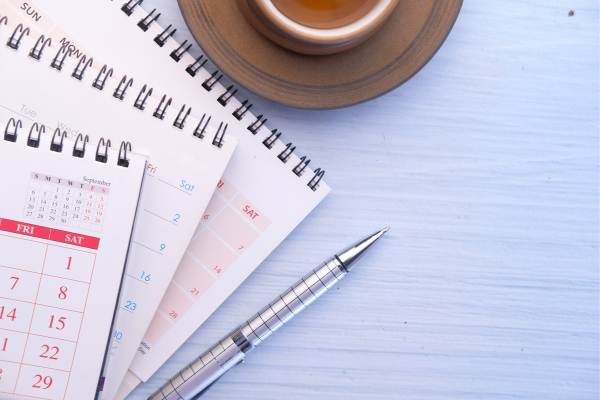 Calendars, pen, and tea cup on a light blue table, symbolizing planning and organization.