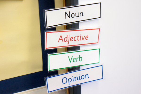 Wall signs displaying grammatical terms: noun, adjective, verb, and opinion in various colors for educational purposes.