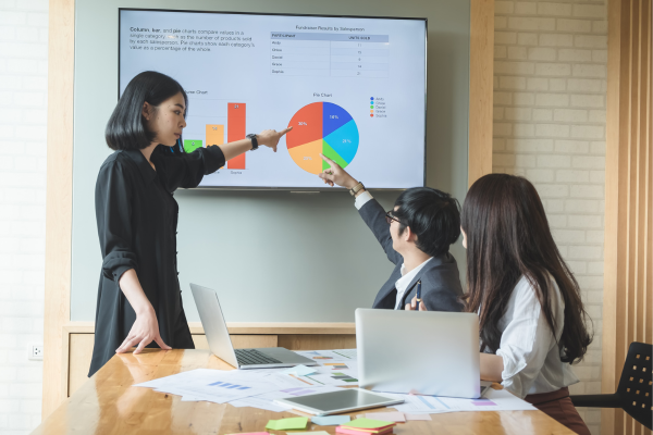 Three colleagues discuss data charts on a screen during a business meeting in a modern conference room.