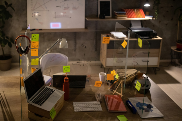 Modern workspace with a laptop, sticky notes, books, and a divider on a desk, illuminated by a table lamp.