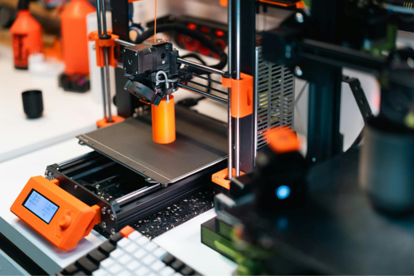 3D printer creating an orange object on a table, surrounded by other printing equipment and accessories.