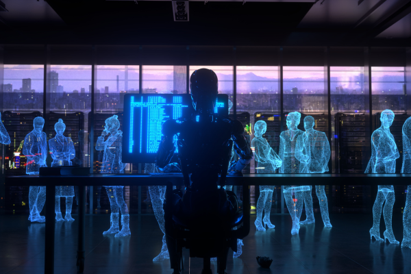 A silhouette of a person at a desk with holographic figures around, with a cityscape view in the background.