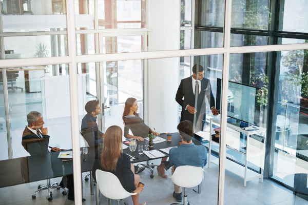Business meeting in modern office, man presenting to colleagues around conference table.