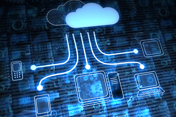 Cloud computing concept with connected devices like smartphone, desktop, and laptop on a digital background.