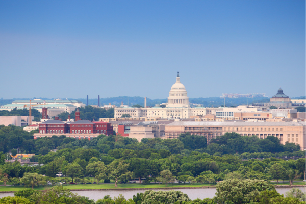 Aerial view of Washington D.C. skyline featuring the U.S. Capitol building surrounded by greenery and blue sky.