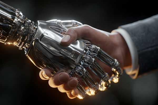 Human and robotic handshaking, symbolizing human-robot collaboration and futuristic technology partnerships.