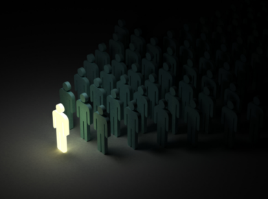 The Future of Work: Why Ethical Leadership Is Key in the AI-Driven Economy 56 Glowing figure stands out among crowd of dark figures, symbolizing ethical leadership