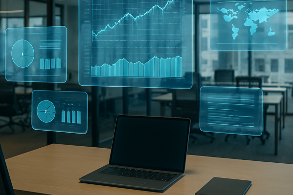 Innovation in Higher Education: How BAU Prepares Students 11 Office desk with laptop, smartphone, and virtual analytics charts projected in a modern workspace environment representing innovation and technology.