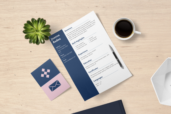 Global Career Skills: 7 Key Skills Employers Expect from International Graduates 10 Professional resume layout on desk with coffee, plant, pen, and geometric card design. Clean and modern design theme.