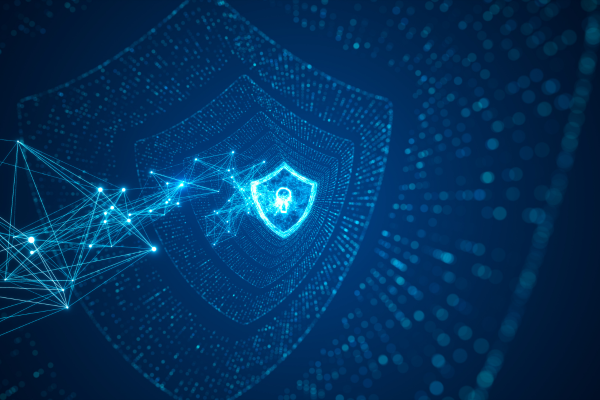 Digital shield and network nodes representing cybersecurity and cyber innovation in a connected data environment.