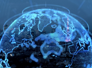 Diplomacy in the 21st Century: New Skills for a Globalized World 57 Digital world map overlaying a cityscape, symbolizing digital diplomacy in the 21st century.