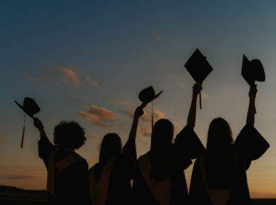 The Power of Global Alumni Networks: How International Connections Boost Career Success 56 Silhouettes of graduates raising caps against a sunset sky, celebrating academic achievement.