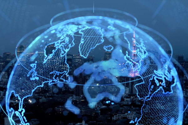 Diplomacy in the 21st Century: New Skills for a Globalized World 1 Digital world map overlaying a cityscape, symbolizing digital diplomacy in the 21st century.