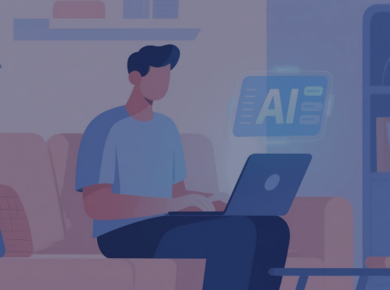 Innovative Study Habits for the Digital Age: Leveraging AI Tools for Students 45 An illustration of a student sitting on a couch and using a laptop to access ai tools for studying, with a glowing digital interface displaying the letters AI.