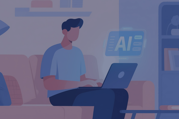 Innovative Study Habits for the Digital Age: Leveraging AI Tools for Students 1 An illustration of a student sitting on a couch and using a laptop to access ai tools for studying, with a glowing digital interface displaying the letters AI.