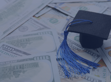 The 2026 U.S. Tuition Fee Report: Trends in Public vs. Private University Costs 47 Graduation cap on scattered dollar bills, symbolizing student loans and university costs.
