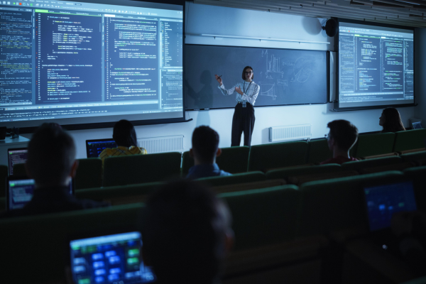 Cybersecurity Management: Why a Master's Degree is the Key to Senior Executive Roles 9 Instructor teaching coding to students in a computer lab with large screens, surrounded by attentive learners.