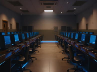 Popular STEM Degrees in 2026: The Ultimate Guide for International Students 32 Modern computer lab with rows of monitors and empty chairs in a dimly lit room, possible used by students in stem degrees.