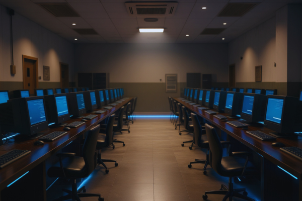 Modern computer lab with rows of monitors and empty chairs in a dimly lit room, possible used by students in stem degrees.