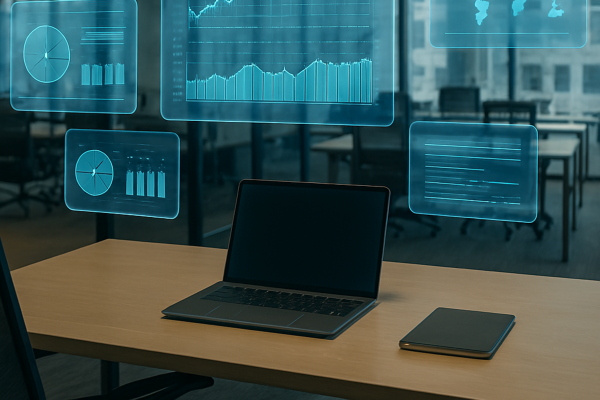 Popular STEM Degrees in 2026: The Ultimate Guide for International Students 7 Laptop on office desk with digital business charts on glass wall background.