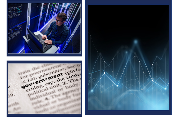 From Data to Diplomacy: Data Science Jobs in Government and Public Policy 6 Technician in server room, government definition, and digital data graph with blue lines and nodes.