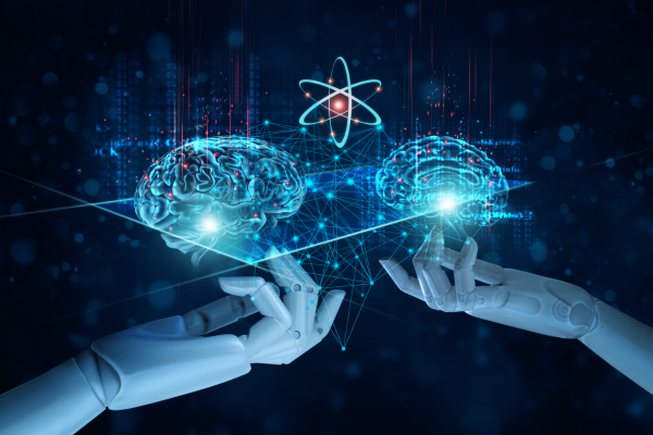 Why Donate to STEM Education? The Ripple Effect of Giving 8 Robotic hands hold glowing digital brains, symbolizing AI collaboration and technological innovation in a futuristic setting.