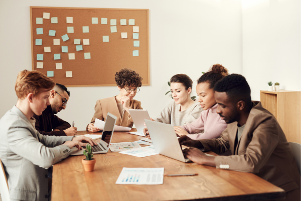 Why Diversity in Business Drives Better Startup Outcomes 11 Team collaborating at a table with laptops, utilizing a cork board full of sticky notes in a bright meeting room.
