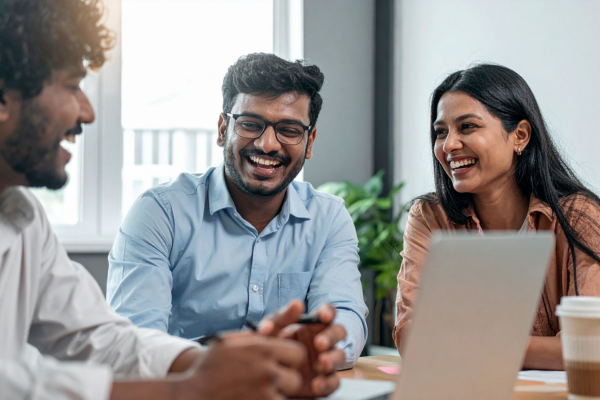 Why Diversity in Business Drives Better Startup Outcomes 12 Group of professionals smiling during a team meeting in a modern office setting.