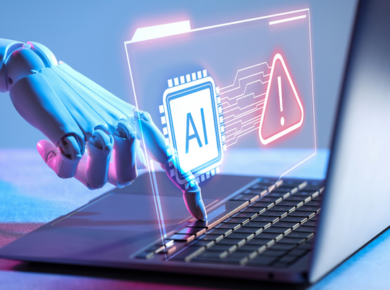 The Future of Business Development: How AI Is Changing the D.C. Market 32 Robotic hand pointing to an AI icon with a warning symbol on a laptop screen.