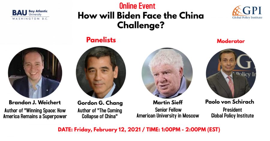 Online event poster discussing How will Biden Face the China Challenge? with panelists and moderator details.