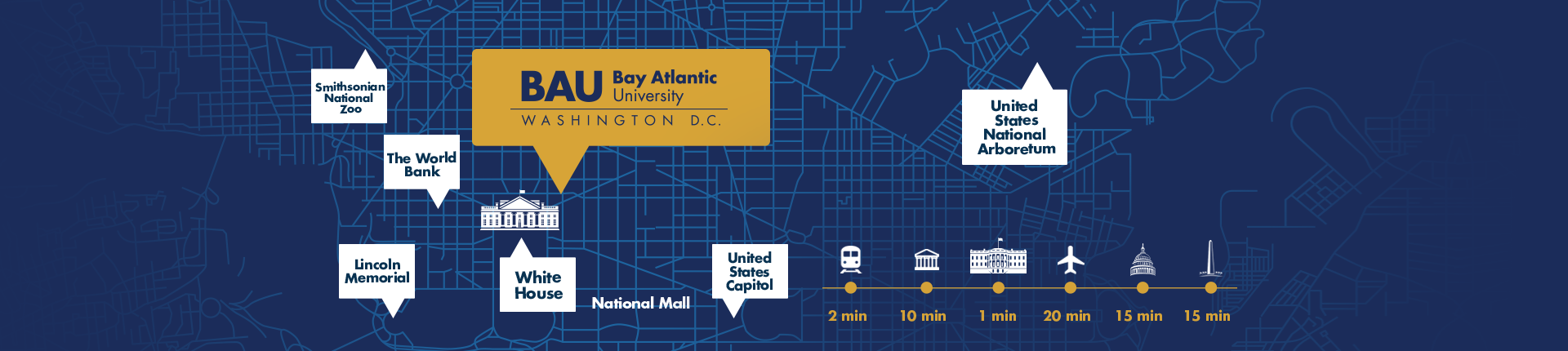 Map showing Bay Atlantic University in Washington D.C., near landmarks like the White House and Lincoln Memorial.
