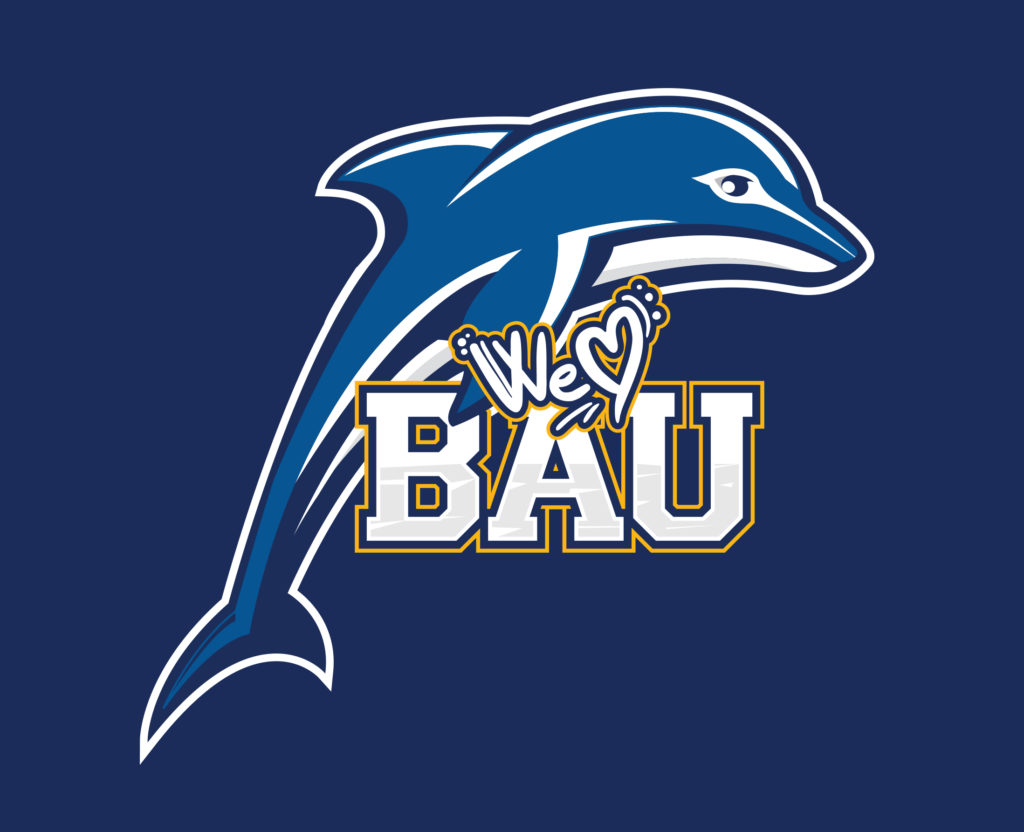 Bay Atlantic University (BAU) dolphin mascot logo with the text 'We ♥️ BAU' on a dark blue background.