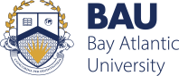 Logo of Bay Atlantic University featuring a stylized shield with laurel wreath and the university name in bold font.