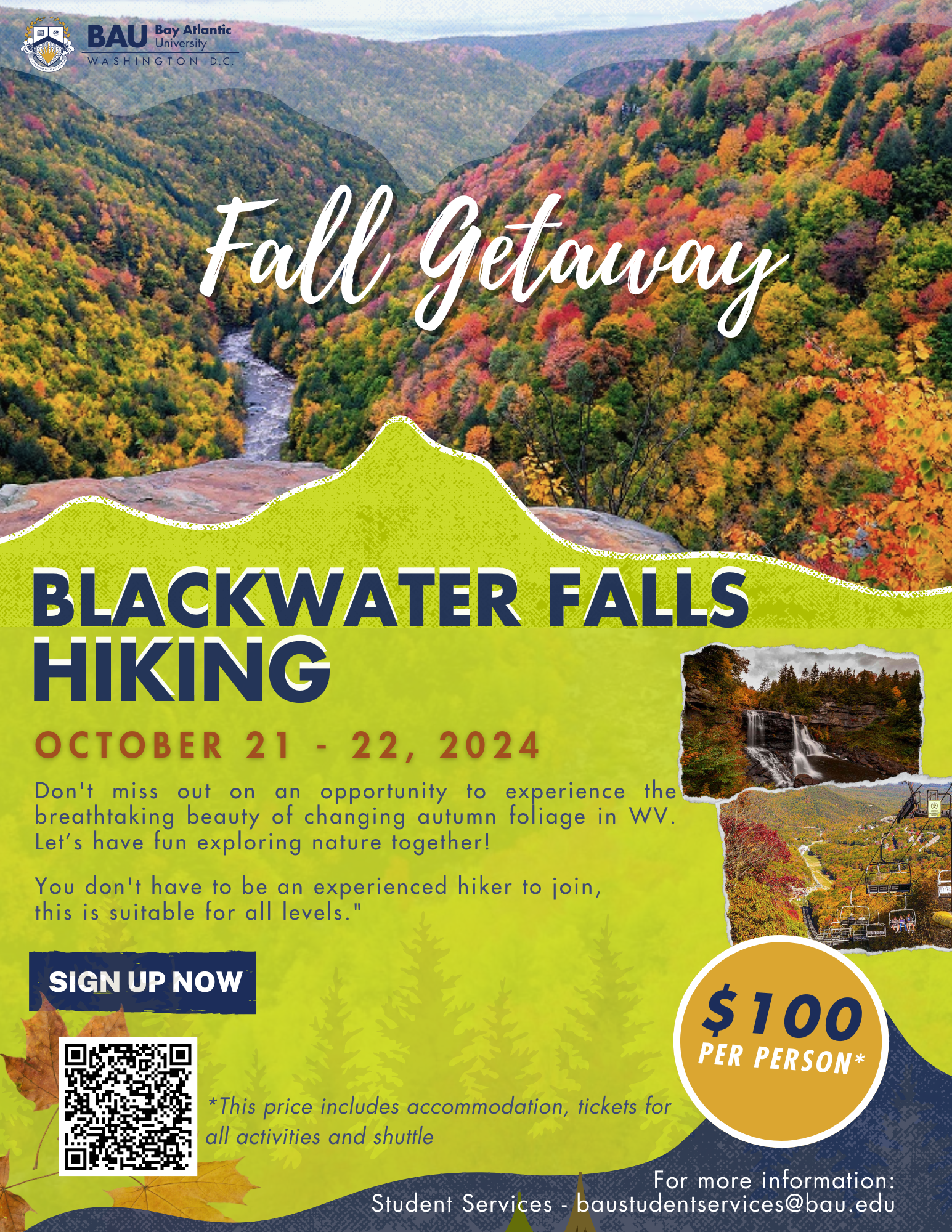 Flyer for Blackwater Falls Hiking Fall Getaway, October 21-23, 2024, featuring an image of a scenic landscape and details about the hiking trip, with a sign-up button and a price of $100 per person.