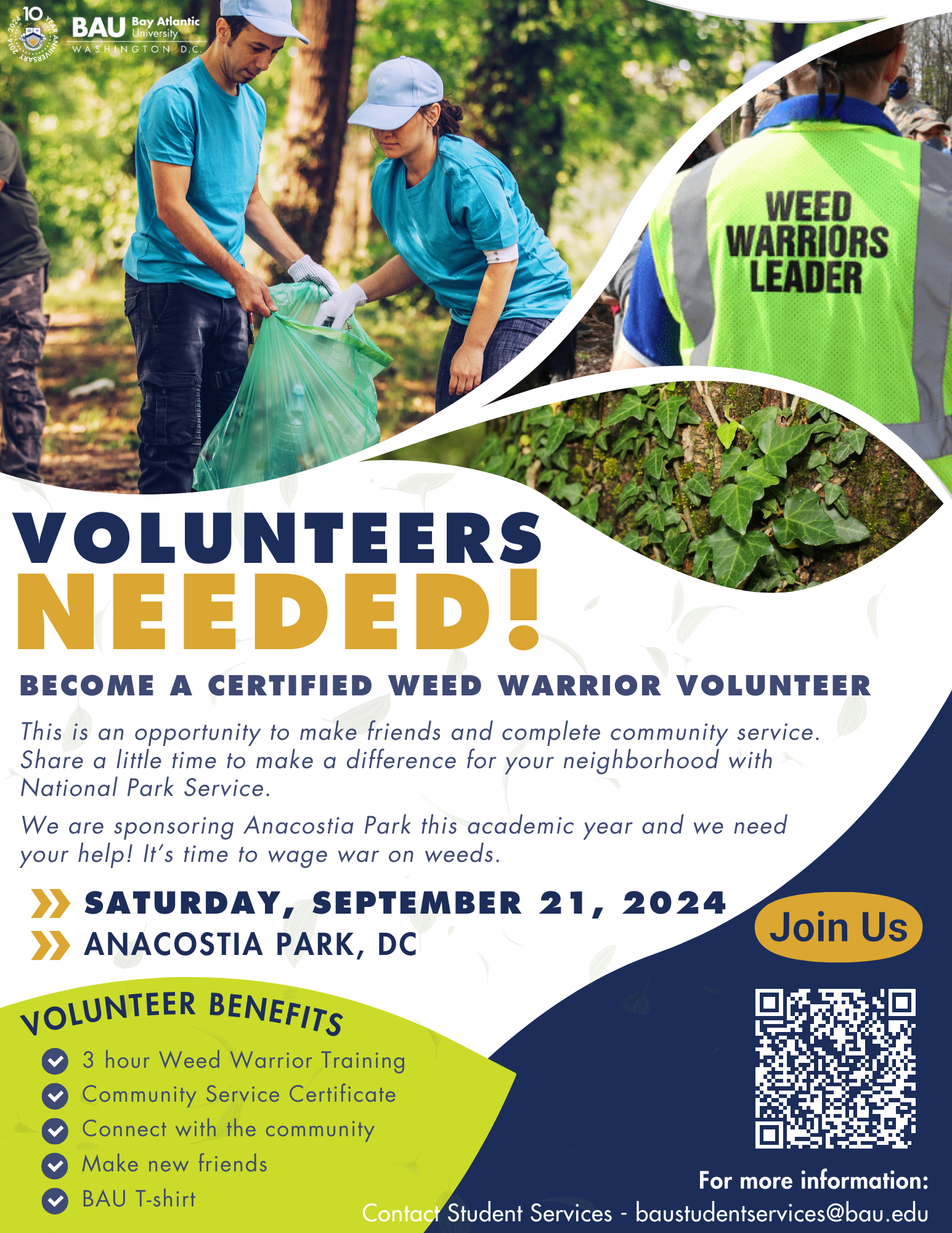 Flyer for the Weed Warrior Volunteer event with the headline 'Volunteers Needed!' featuring images of people cleaning up outdoors and details about the event on September 21 at Anacostia Park, D.C.