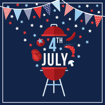 4th of July BBQ celebration graphic with grill, meat, and festive bunting on a starry background.