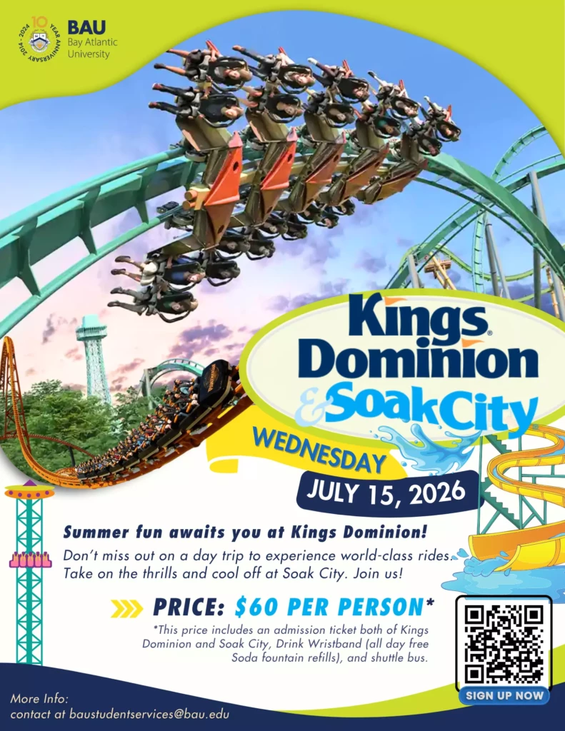 Kings Dominion trip flyer by BAU for July 15, 2026. Includes roller coaster, water park info, and $60 per person offer.